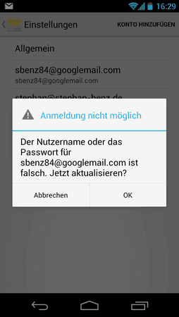 Android gmail anmeldung nicht möglich